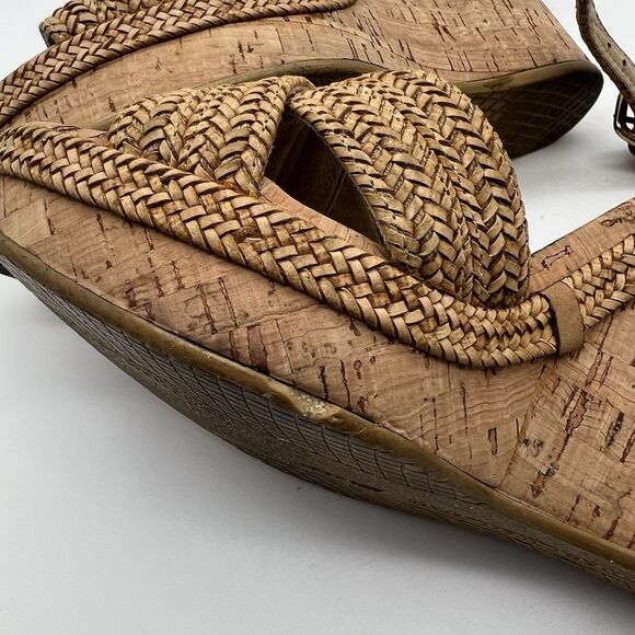 Stuart Weitzman Minx Tan Woven Leather Ankle Strap Cork Wedge Sandals Women’s 7 - Picture 15 of 16